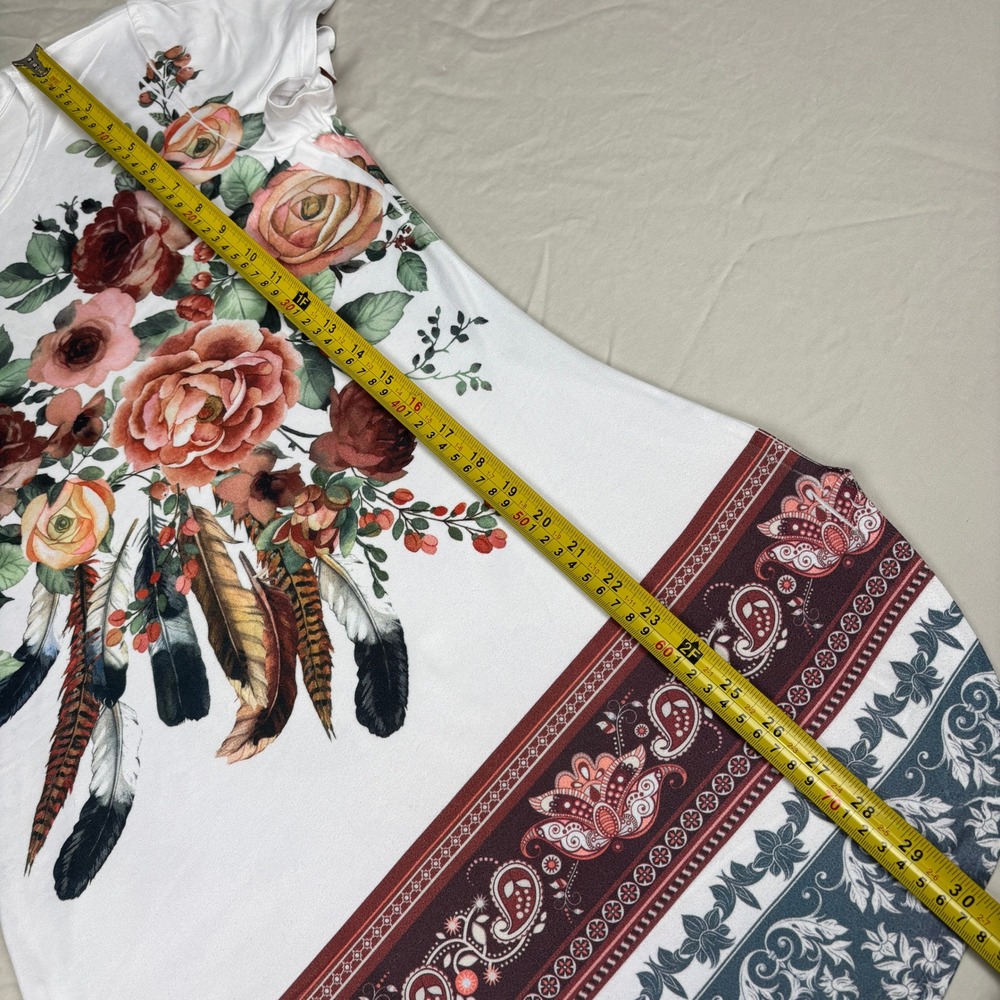 Dice Floral Tunic Top Women Medium Boho Roses Feather Print Short Sleeve - Picture 7 of 8
